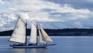 Adventuress, a schooner built in 1913 and one of only two working tall ships in the Puget Sound region is under full sail over the Salish Sea. Youth programs are the mission of Sound Experience, www.soundexp.org
