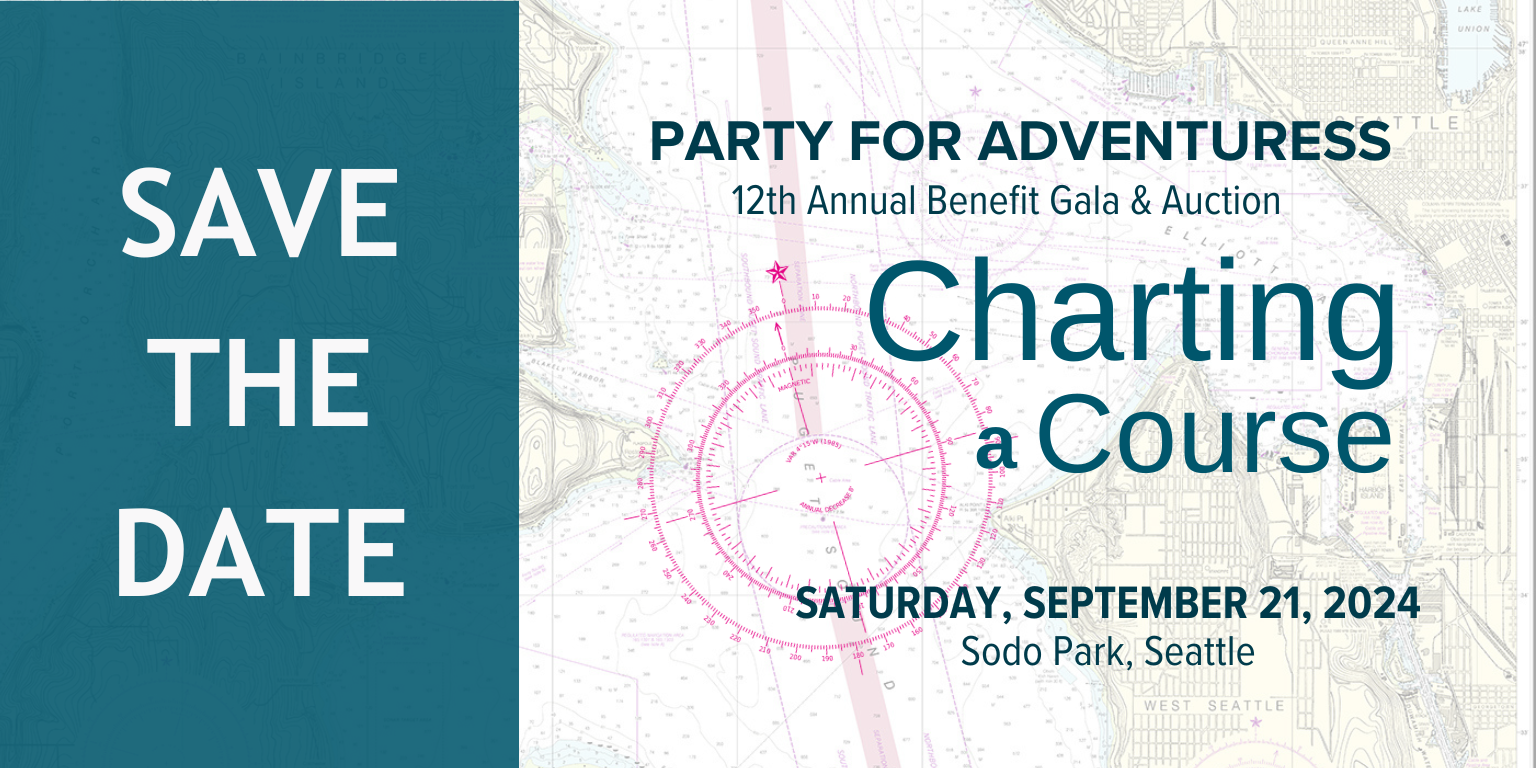 Save the Date graphic for Sound Experience's annual gala and auction fundraising for youth education aboard the tall ship Adventuress. The graphic shows a chart of the Bellingham Bay area behind text that says "Charting a Course," an event held Sept. 21 at Sodo Park in Seattle, WA.